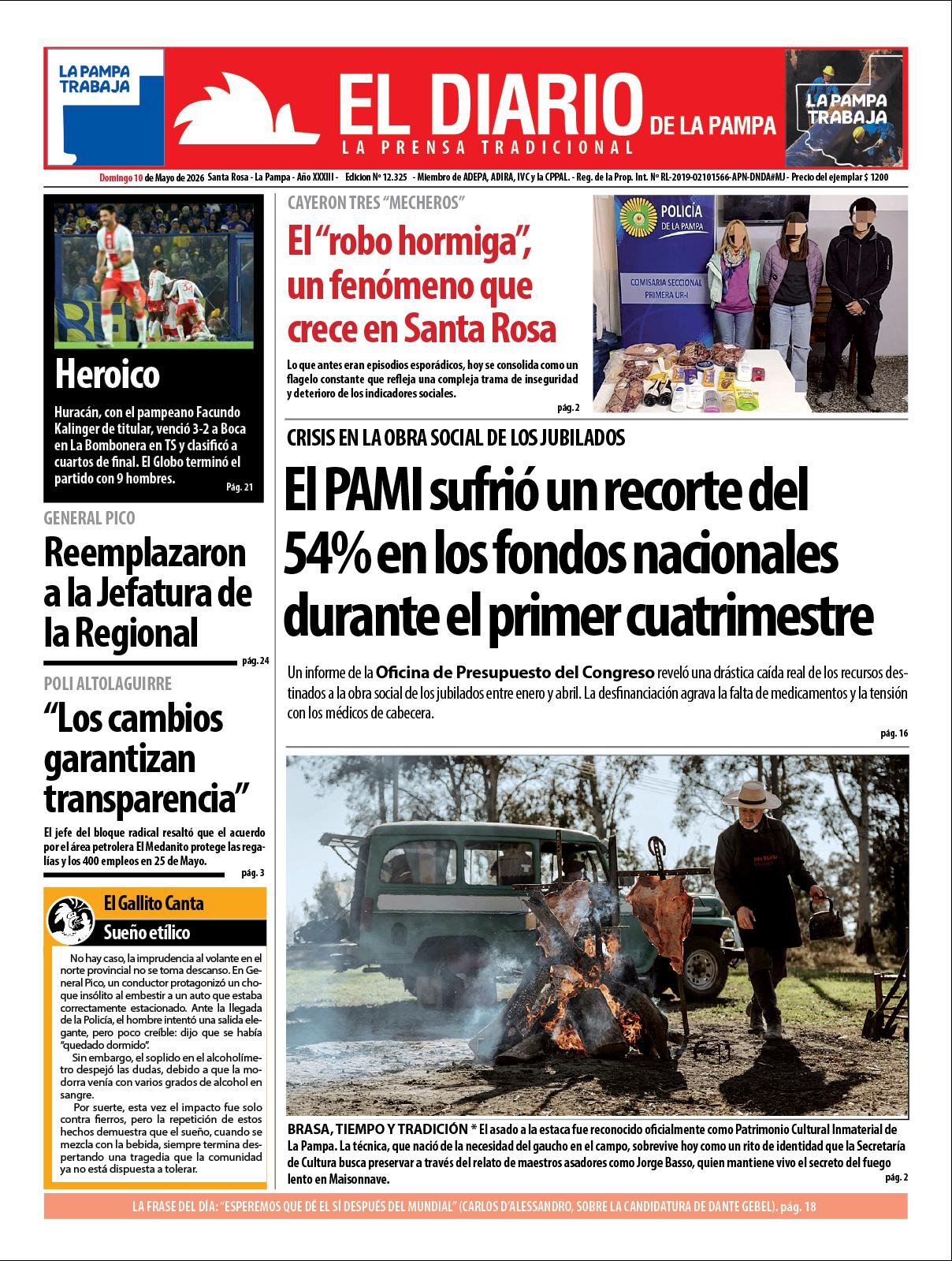 Tapa de El Diario en papel  domingo 10 de mayo de 2026